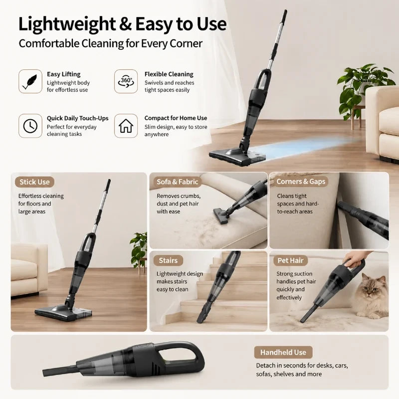Cordless Handheld Vacuum Cleaner 5Kpa Strong Suction 4-in-1 Stick Vacuum and Mop Lightweight Household Cleaner for Dust Pet Hair